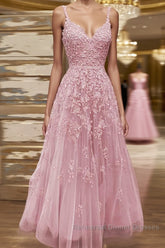 A-line V Neck Spaghetti Straps Long/Floor-Length Tulle Semi Formal Prom Dresses With Beading Lace Pockets Sequins